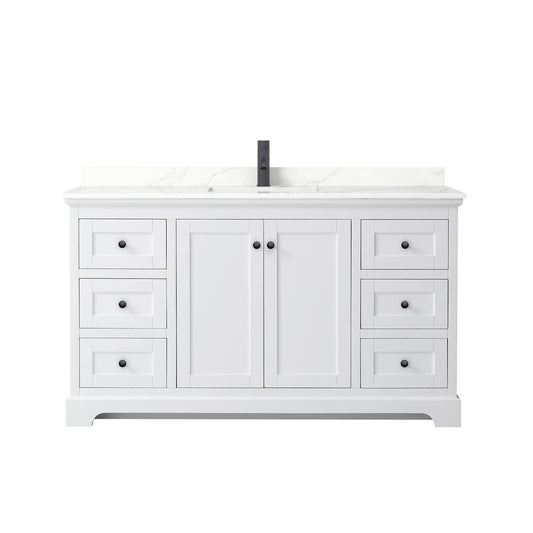 Wyndham Collection Avery 60" Single Bathroom Vanity in White, Giotto Quartz Countertop, Undermount Square Sink (1-Hole), Matte Black Trim