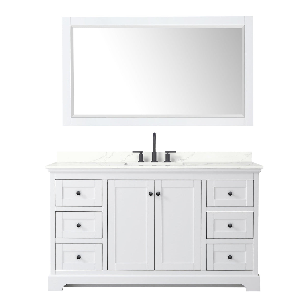 Wyndham Collection Avery 60" Single Bathroom Vanity in White, Giotto Quartz Countertop, Undermount Square Sink (3-Hole), Matte Black Trim and 58" Mirror