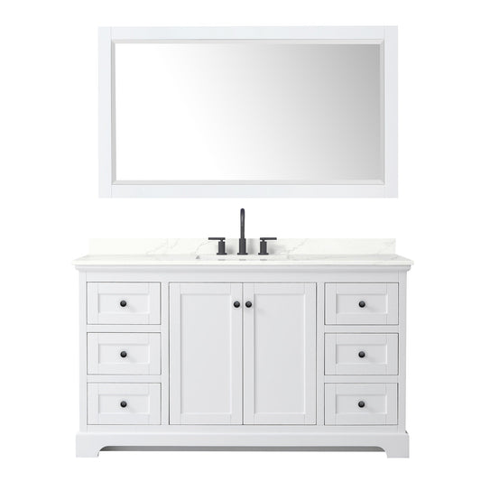 Wyndham Collection Avery 60" Single Bathroom Vanity in White, Giotto Quartz Countertop, Undermount Square Sink (3-Hole), Matte Black Trim and 58" Mirror