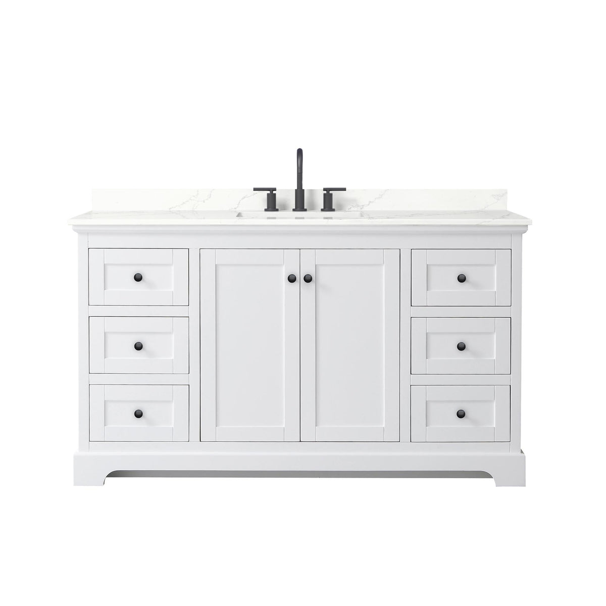 Wyndham Collection Avery 60" Single Bathroom Vanity in White, Giotto Quartz Countertop, Undermount Square Sink (3-Hole), Matte Black Trim