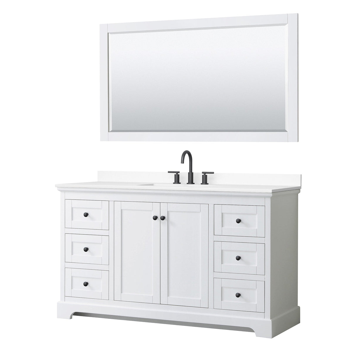 Wyndham Collection Avery 60" Single Bathroom Vanity in White, White Cultured Marble Countertop, Undermount Square Sink (3-Hole), Matte Black Trim and 58" Mirror