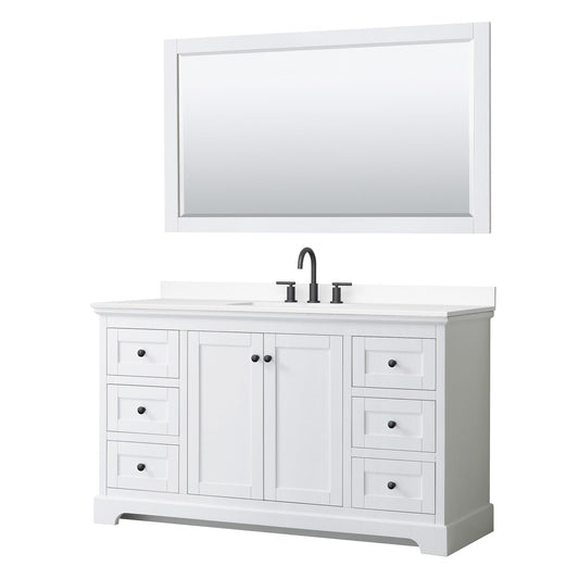 Wyndham Collection Avery 60" Single Bathroom Vanity in White, White Cultured Marble Countertop, Undermount Square Sink (3-Hole), Matte Black Trim and 58" Mirror