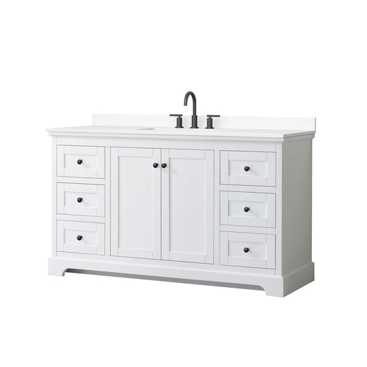 Wyndham Collection Avery 60" Single Bathroom Vanity in White, White Cultured Marble Countertop, Undermount Square Sink (3-Hole), Matte Black Trim