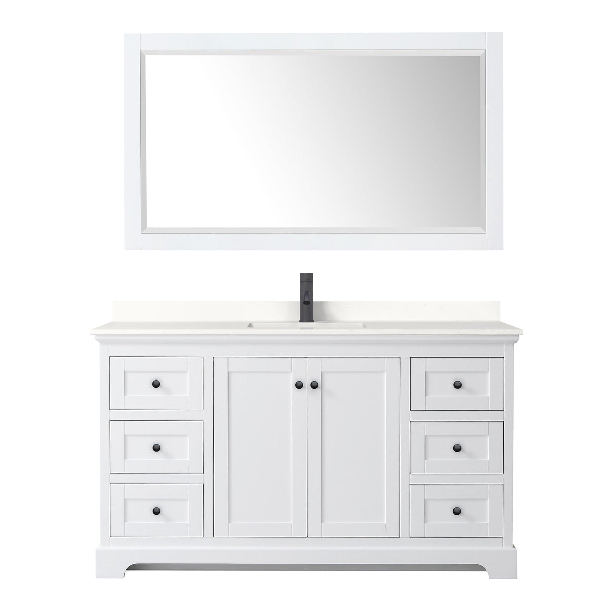 Wyndham Collection Avery 60" Single Bathroom Vanity in White, White Quartz Countertop, Undermount Square Sink (1-Hole), Matte Black Trim and 58" Mirror