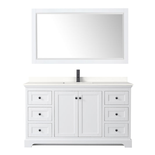 Wyndham Collection Avery 60" Single Bathroom Vanity in White, White Quartz Countertop, Undermount Square Sink (1-Hole), Matte Black Trim and 58" Mirror