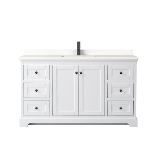 Wyndham Collection Avery 60" Single Bathroom Vanity in White, White Quartz Countertop, Undermount Square Sink (1-Hole), Matte Black Trim