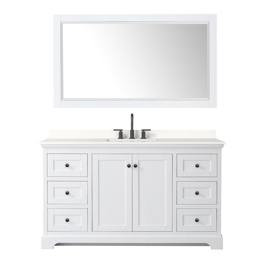 Wyndham Collection Avery 60" Single Bathroom Vanity in White, White Quartz Countertop, Undermount Square Sink (3-Hole), Matte Black Trim and 58" Mirror