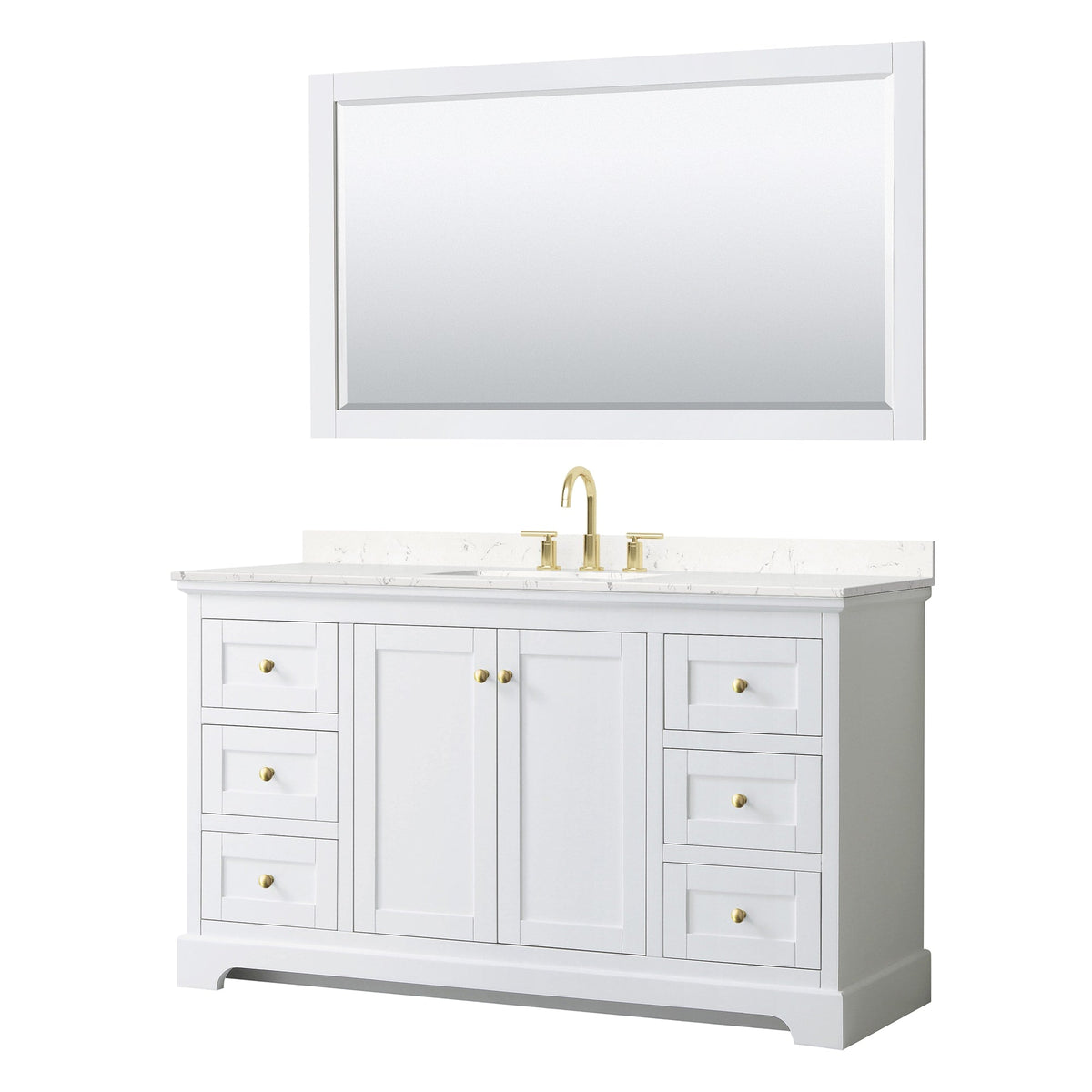 Wyndham Collection Avery 60" Single Bathroom Vanity in White, Carrara Cultured Marble Countertop, Undermount Square Sink (3-Hole), 58" Mirror, Brushed Gold Trim