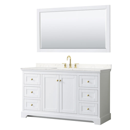 Wyndham Collection Avery 60" Single Bathroom Vanity in White, Carrara Cultured Marble Countertop, Undermount Square Sink (3-Hole), 58" Mirror, Brushed Gold Trim