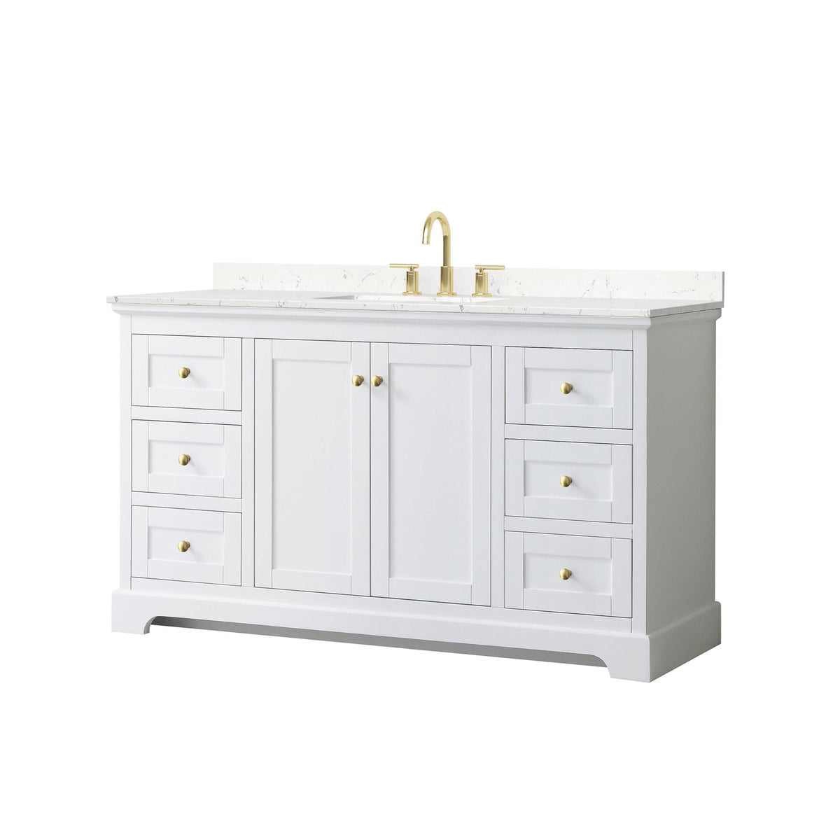 Wyndham Collection Avery 60" Single Bathroom Vanity in White, Carrara Cultured Marble Countertop, Undermount Square Sink (3-Hole), Brushed Gold Trim