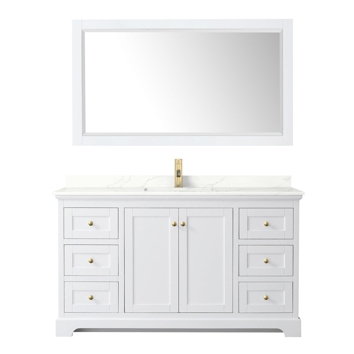 Wyndham Collection Avery 60" Single Bathroom Vanity in White, Giotto Quartz Countertop, Undermount Square Sink (1-Hole), Brushed Gold Trim and 58" Mirror