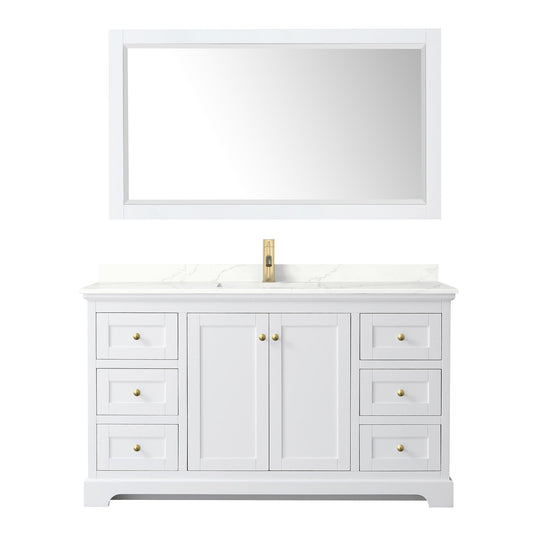 Wyndham Collection Avery 60" Single Bathroom Vanity in White, Giotto Quartz Countertop, Undermount Square Sink (1-Hole), Brushed Gold Trim and 58" Mirror
