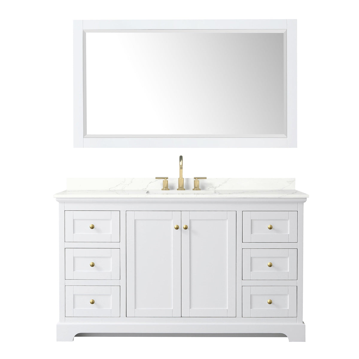 Wyndham Collection Avery 60" Single Bathroom Vanity in White, Giotto Quartz Countertop, Undermount Square Sink (3-Hole), Brushed Gold Trim and 58" Mirror