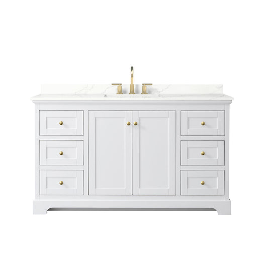 Wyndham Collection Avery 60" Single Bathroom Vanity in White, Giotto Quartz Countertop, Undermount Square Sink (3-Hole), Brushed Gold Trim