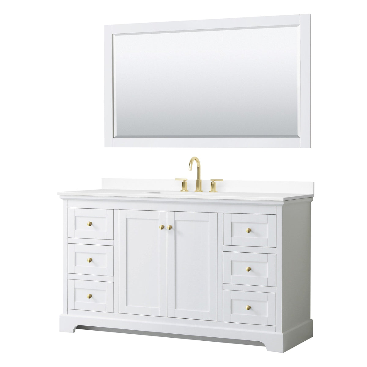 Wyndham Collection Avery 60" Single Bathroom Vanity in White, White Cultured Marble Countertop, Undermount Square Sink (3-Hole), 58" Mirror, Brushed Gold Trim