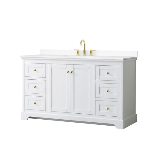 Wyndham Collection Avery 60" Single Bathroom Vanity in White, White Cultured Marble Countertop, Undermount Square Sink (3-Hole), Brushed Gold Trim