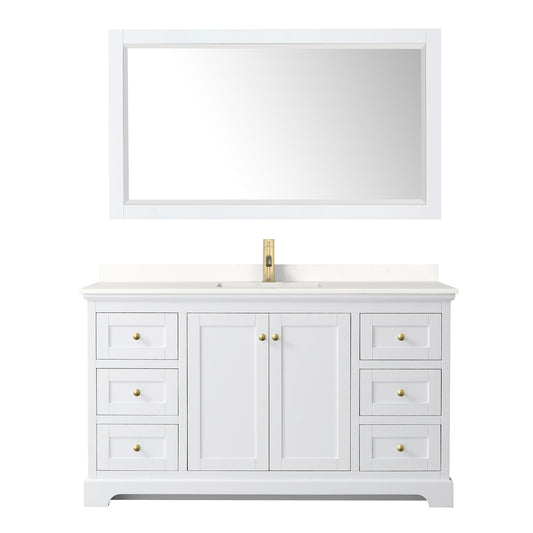 Wyndham Collection Avery 60" Single Bathroom Vanity in White, White Quartz Countertop, Undermount Square Sink (1-Hole), Brushed Gold Trim and 58" Mirror