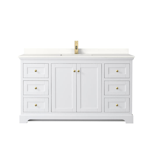 Wyndham Collection Avery 60" Single Bathroom Vanity in White, White Quartz Countertop, Undermount Square Sink (1-Hole), Brushed Gold Trim