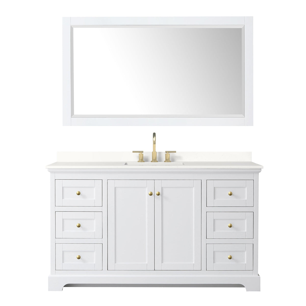 Wyndham Collection Avery 60" Single Bathroom Vanity in White, White Quartz Countertop, Undermount Square Sink (3-Hole), Brushed Gold Trim and 58" Mirror