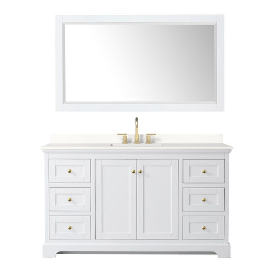 Wyndham Collection Avery 60" Single Bathroom Vanity in White, White Quartz Countertop, Undermount Square Sink (3-Hole), Brushed Gold Trim and 58" Mirror