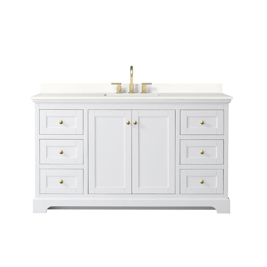 Wyndham Collection Avery 60" Single Bathroom Vanity in White, White Quartz Countertop, Undermount Square Sink (3-Hole), Brushed Gold Trim