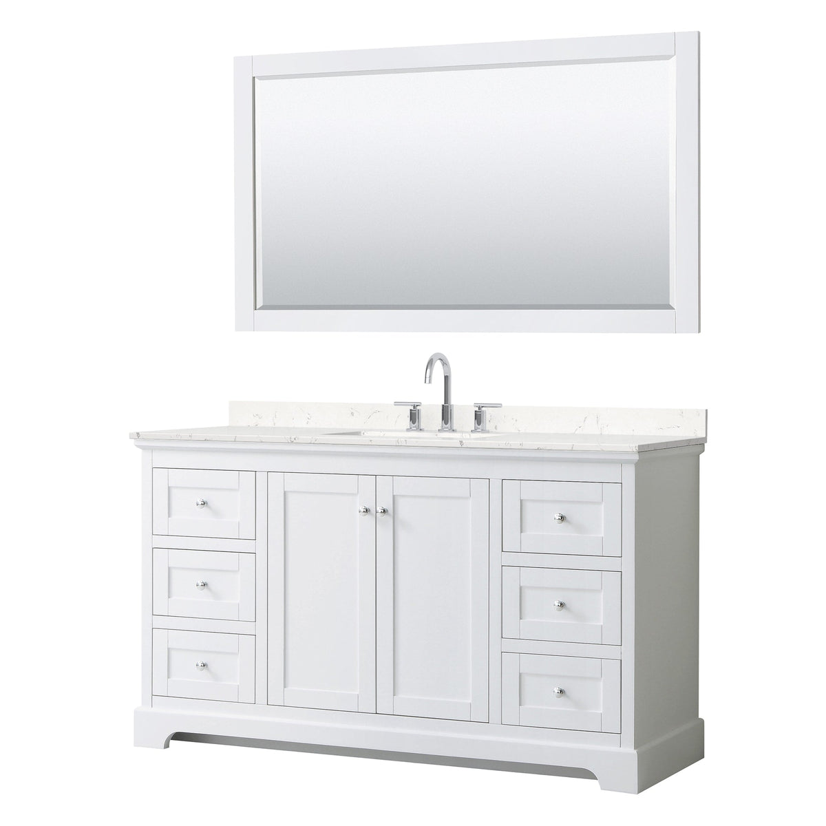 Wyndham Collection Avery 60" Single Bathroom Vanity in White, Carrara Cultured Marble Countertop, Undermount Square Sink (3-Hole), Polished Chrome Trim and 58" Mirror