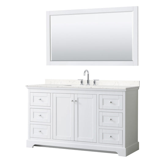 Wyndham Collection Avery 60" Single Bathroom Vanity in White, Carrara Cultured Marble Countertop, Undermount Square Sink (3-Hole), Polished Chrome Trim and 58" Mirror