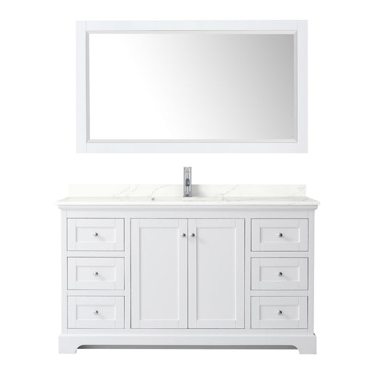 Wyndham Collection Avery 60" Single Bathroom Vanity in White, Giotto Quartz Countertop, Undermount Square Sink (1-Hole), Polished Chrome Trim and 58" Mirror