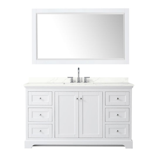 Wyndham Collection Avery 60" Single Bathroom Vanity in White, Giotto Quartz Countertop, Undermount Square Sink (3-Hole), Polished Chrome Trim and 58" Mirror