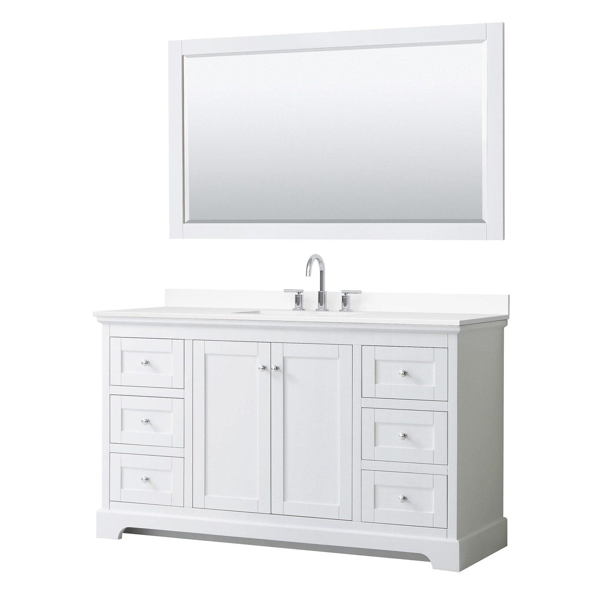 Wyndham Collection Avery 60" Single Bathroom Vanity in White, White Cultured Marble Countertop, Undermount Square Sink (3-Hole), Polished Chrome Trim and 58" Mirror