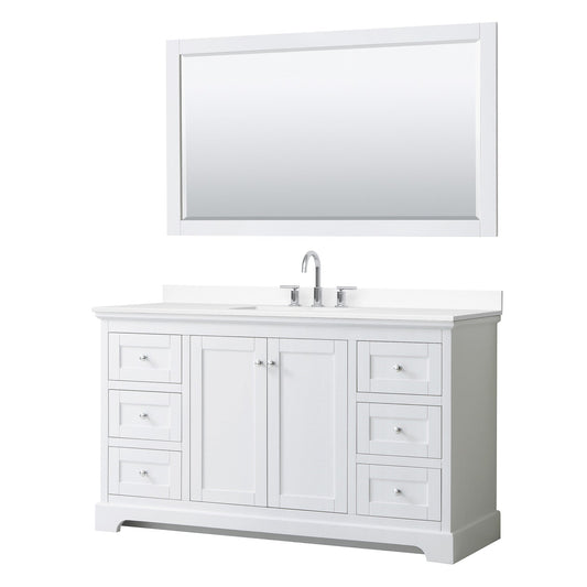 Wyndham Collection Avery 60" Single Bathroom Vanity in White, White Cultured Marble Countertop, Undermount Square Sink (3-Hole), Polished Chrome Trim and 58" Mirror