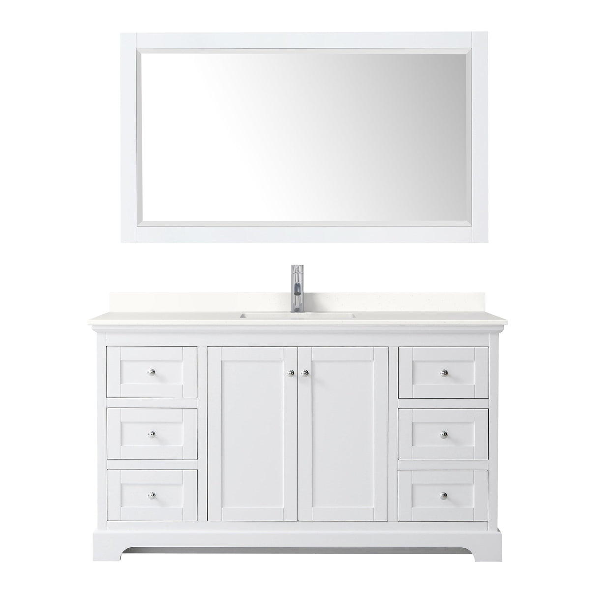 Wyndham Collection Avery 60" Single Bathroom Vanity in White, White Quartz Countertop, Undermount Square Sink (1-Hole), Polished Chrome Trim and 58" Mirror