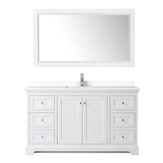 Wyndham Collection Avery 60" Single Bathroom Vanity in White, White Quartz Countertop, Undermount Square Sink (1-Hole), Polished Chrome Trim and 58" Mirror