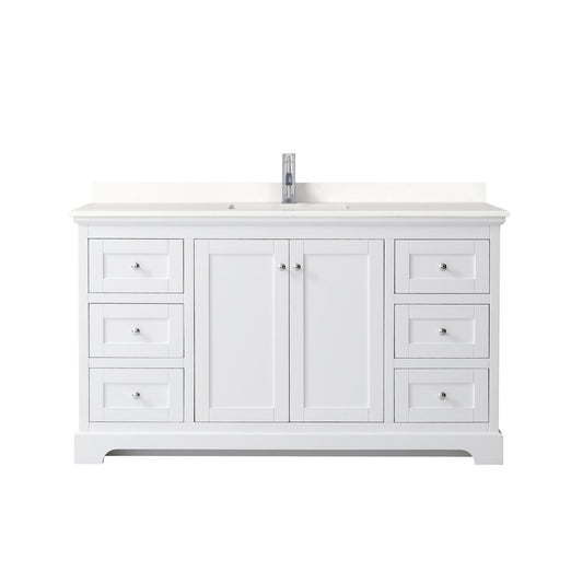Wyndham Collection Avery 60" Single Bathroom Vanity in White, White Quartz Countertop, Undermount Square Sink (1-Hole), Polished Chrome Trim
