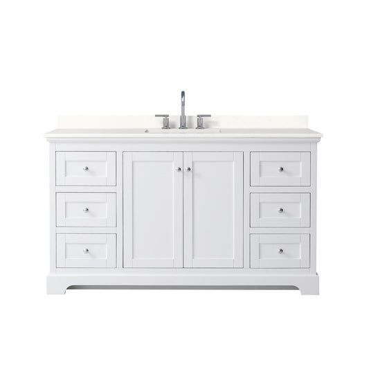 Wyndham Collection Avery 60" Single Bathroom Vanity in White, White Quartz Countertop, Undermount Square Sink (3-Hole), Polished Chrome Trim