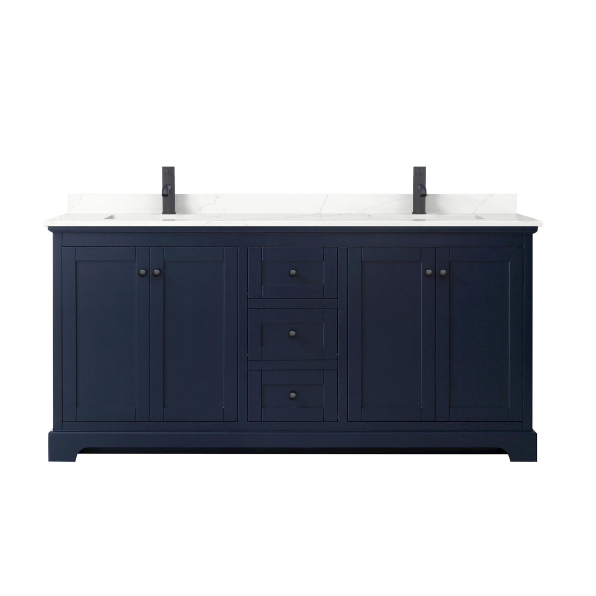 Wyndham Collection Avery 72" Double Bathroom Vanity in Dark Blue, Giotto Quartz Countertop, Undermount Square Sinks (1-Hole), Matte Black Trim