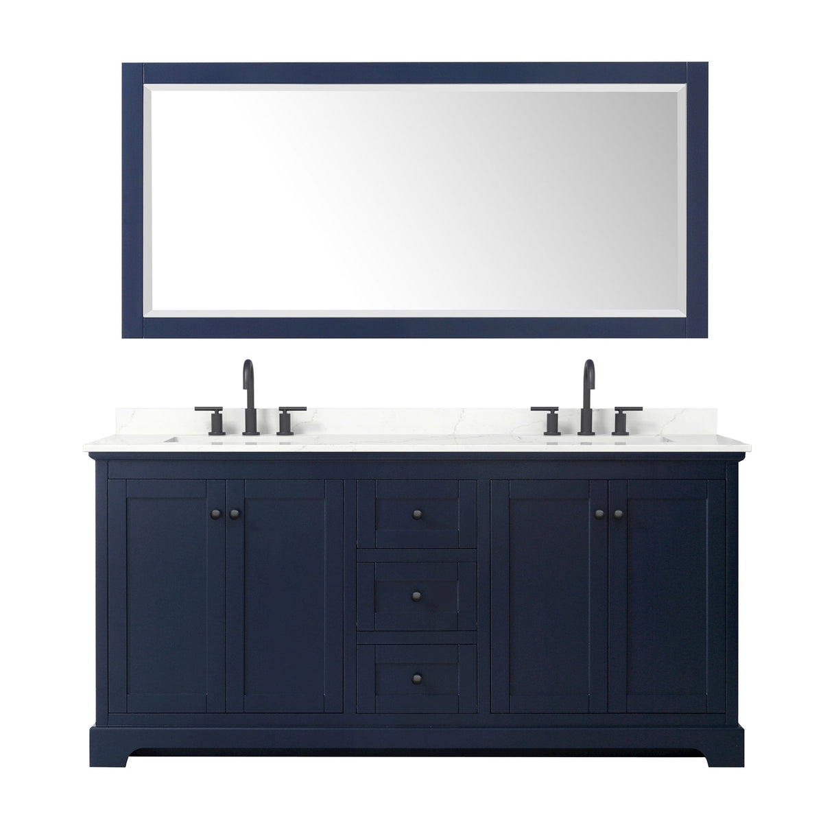 Wyndham Collection Avery 72" Double Bathroom Vanity in Dark Blue, Giotto Quartz Countertop, Undermount Square Sinks (3-Hole), Matte Black Trim and 70" Mirror