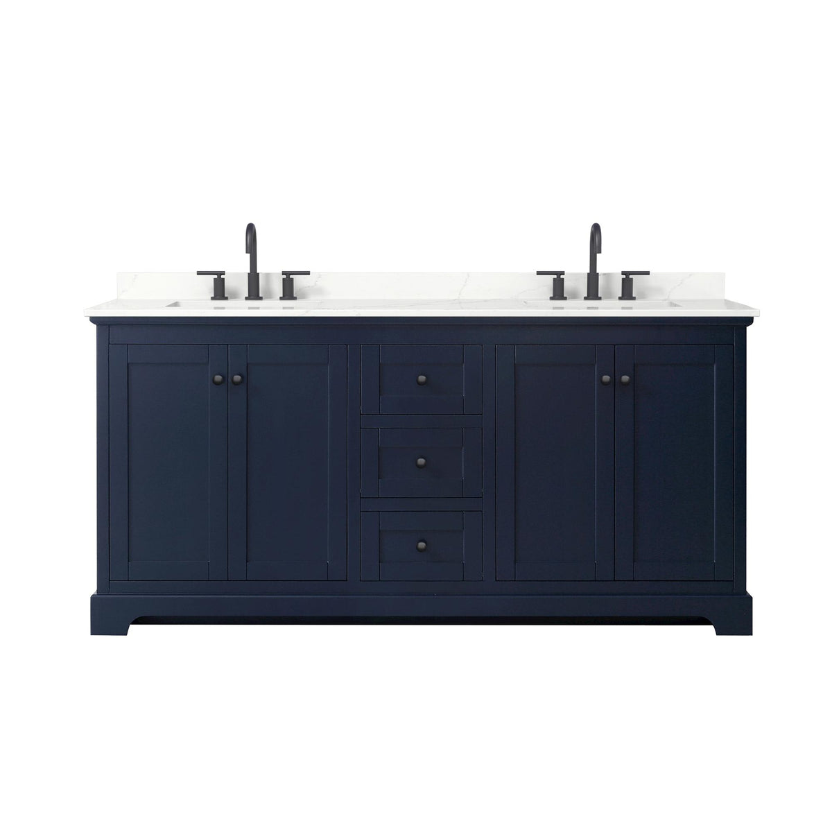 Wyndham Collection Avery 72" Double Bathroom Vanity in Dark Blue, Giotto Quartz Countertop, Undermount Square Sinks (3-Hole), Matte Black Trim