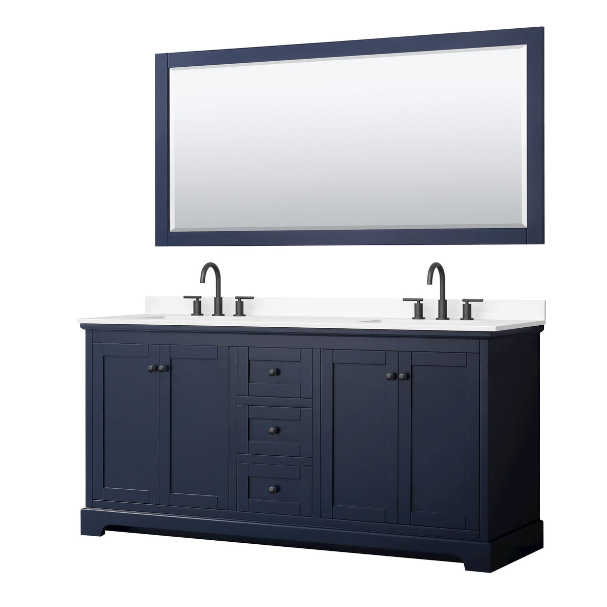 Wyndham Collection Avery 72" Double Bathroom Vanity in Dark Blue, White Cultured Marble Countertop, Undermount Square Sinks (3-Hole), Matte Black Trim and 70" Mirror