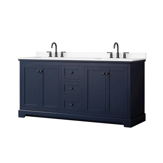 Wyndham Collection Avery 72" Double Bathroom Vanity in Dark Blue, White Cultured Marble Countertop, Undermount Square Sinks (3-Hole), Matte Black Trim