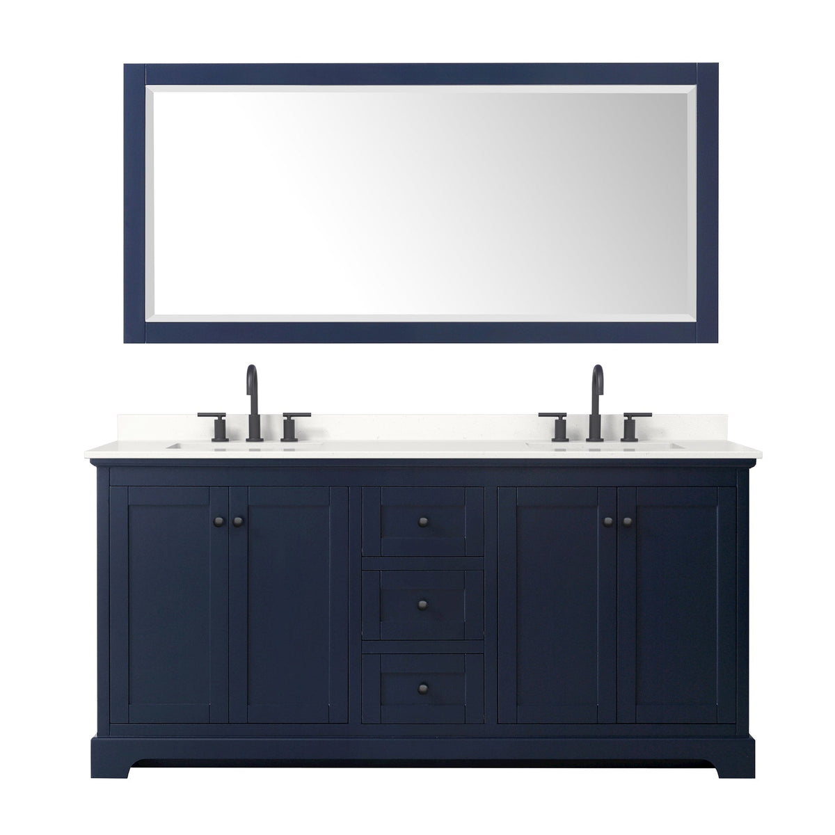 Wyndham Collection Avery 72" Double Bathroom Vanity in Dark Blue, White Quartz Countertop, Undermount Square Sinks (3-Hole), Matte Black Trim and 70" Mirror