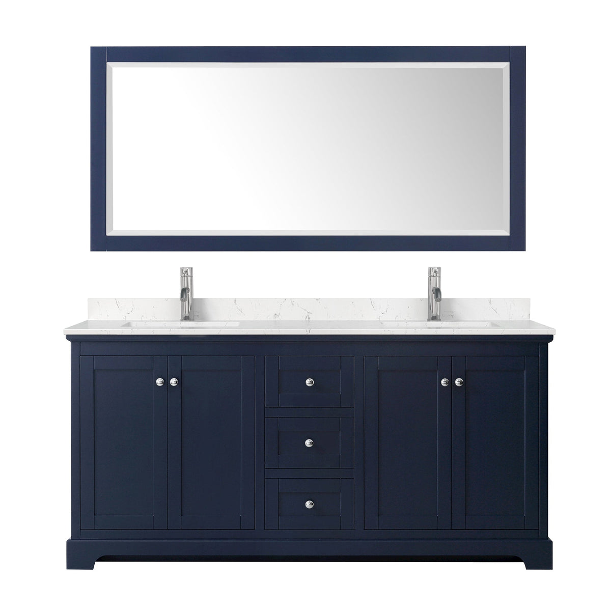 Wyndham Collection Avery 72" Double Bathroom Vanity in Dark Blue, Carrara Cultured Marble Countertop, Undermount Square Sinks (1-Hole), Polished Chrome Trim and 70" Mirror