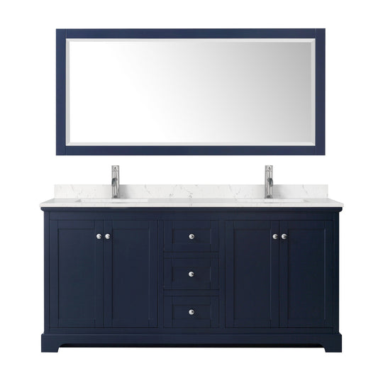 Wyndham Collection Avery 72" Double Bathroom Vanity in Dark Blue, Carrara Cultured Marble Countertop, Undermount Square Sinks (1-Hole), Polished Chrome Trim and 70" Mirror