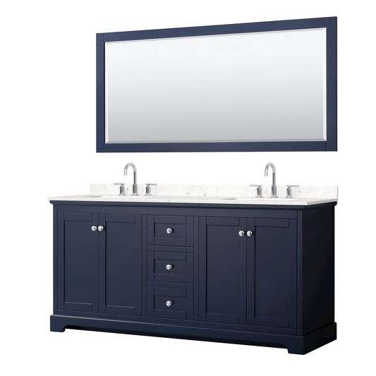 Wyndham Collection Avery 72" Double Bathroom Vanity in Dark Blue, Carrara Cultured Marble Countertop, Undermount Square Sinks (3-Hole), Polished Chrome Trim and 70" Mirror