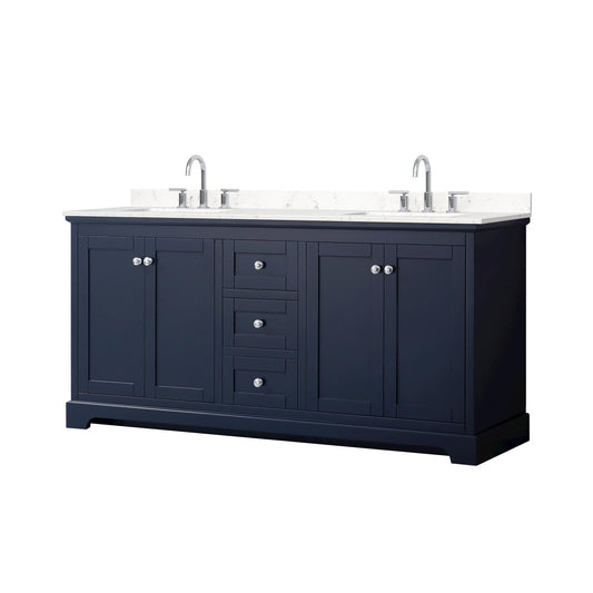 Wyndham Collection Avery 72" Double Bathroom Vanity in Dark Blue, Carrara Cultured Marble Countertop, Undermount Square Sinks (3-Hole), Polished Chrome Trim