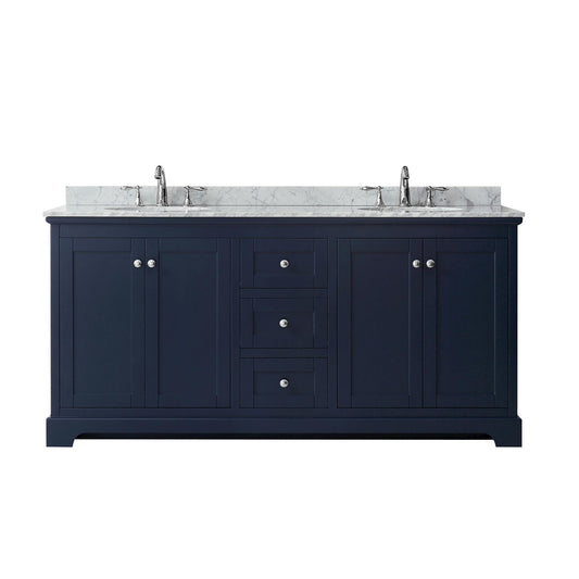 Wyndham Collection Avery 72" Double Bathroom Vanity in Dark Blue, White Carrara Marble Countertop, Undermount Oval Sinks (3-Hole), Polished Chrome Trim