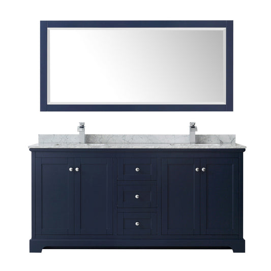 Wyndham Collection Avery 72" Double Bathroom Vanity in Dark Blue, White Carrara Marble Countertop, Undermount Square Sinks (1-Hole), Polished Chrome Trim and 70" Mirror