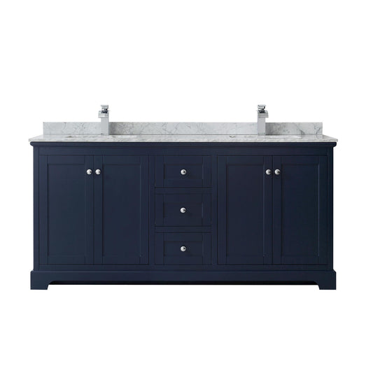 Wyndham Collection Avery 72" Double Bathroom Vanity in Dark Blue, White Carrara Marble Countertop, Undermount Square Sinks (1-Hole), Polished Chrome Trim