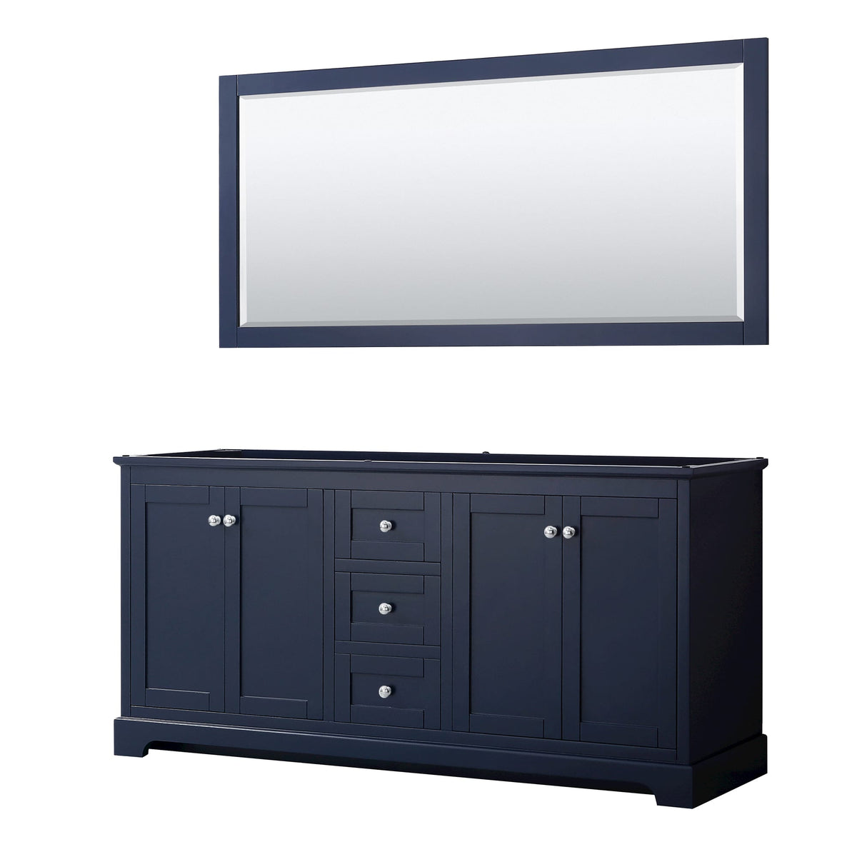 Wyndham Collection Avery 72" Double Bathroom Vanity in Dark Blue, No Countertop, No Sinks, Polished Chrome Trim and 70" Mirror