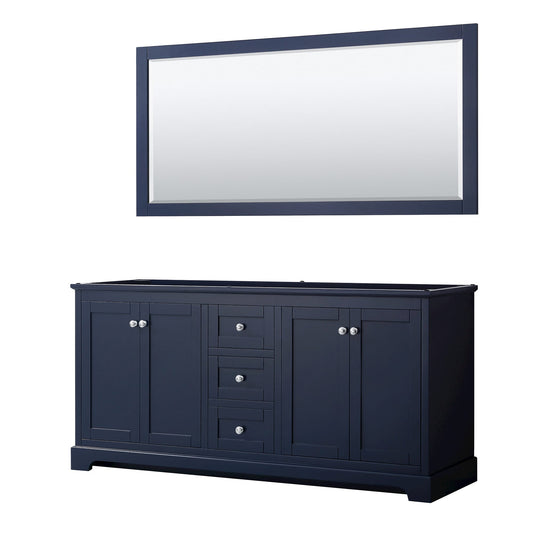 Wyndham Collection Avery 72" Double Bathroom Vanity in Dark Blue, No Countertop, No Sinks, Polished Chrome Trim and 70" Mirror
